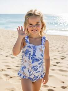 Toddler Girls' One-Piece Swimsuit With Ruffle Trim Floral Print, Perfect For Summer Beach/Holiday - Blue - View 1