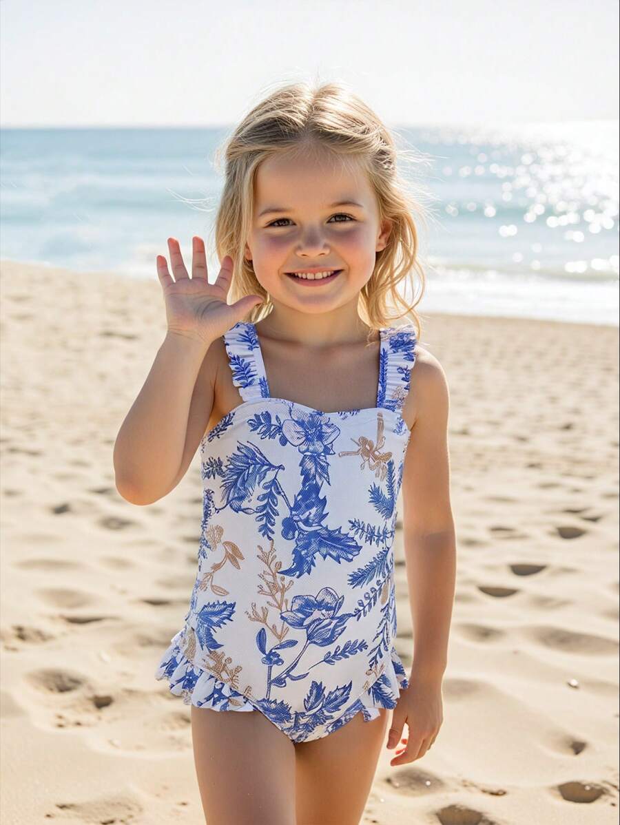 Toddler Girls' One-Piece Swimsuit With Ruffle Trim Floral Print, Perfect For Summer Beach/Holiday - Blue - View 1