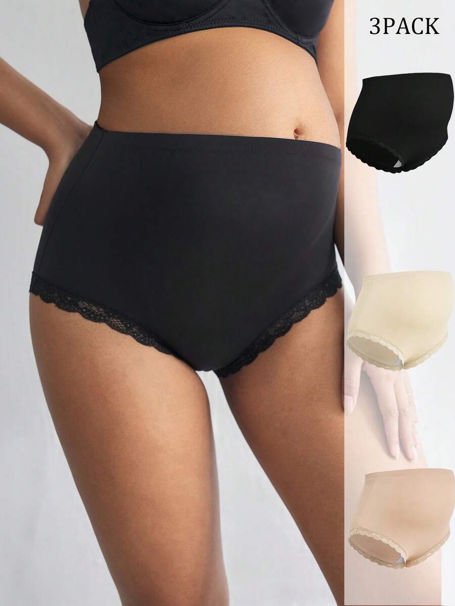 SHEIN 3pcs Pack High Waist Lace Trim Maternity Underwear