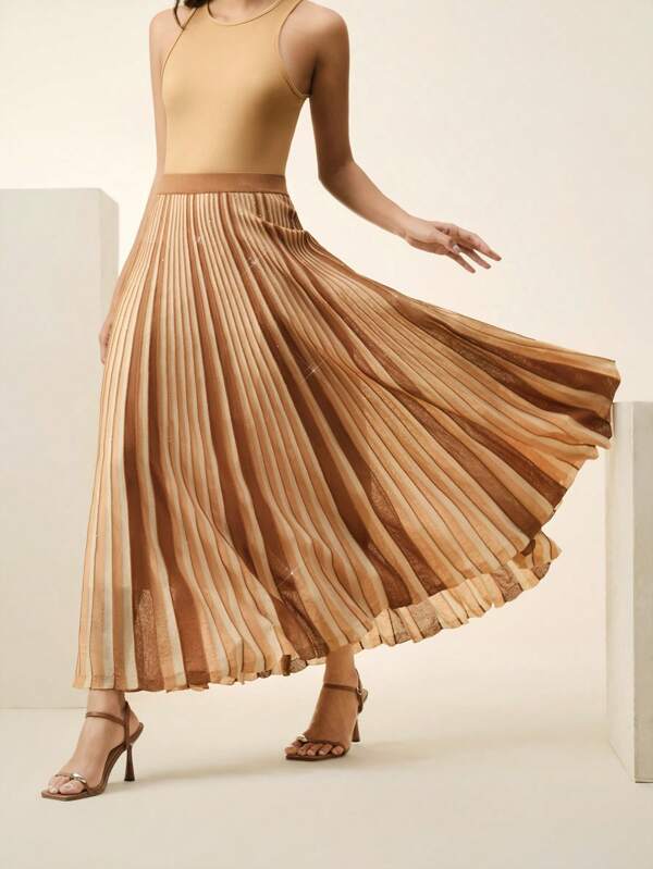 Anewsta Women Elegant Pleated Sequins Sequin Knitted Skirt, Suitable For Festival, Spring, Business Casual, Modest, Old Money Style