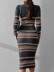 EURMUSE Damska sukienka dzianinowa z wysokim kołnierzem i długim rękawem w paski