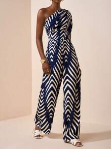 Zivah 2025 夏季新款假日优雅通勤单肩聚拢皇家蓝印花女式连体裤，日常旅行，休闲，朋友聚会，旅行，毕业装，早午餐装，返校，通勤，百搭