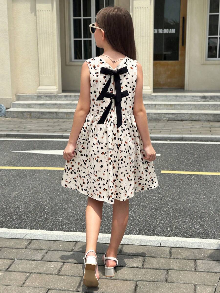 SHEIN Robe décontractée à col rond, imprimé kaki avec nœud papillon à la taille et dos, coupe évasée, pour les préadolescentes, pour tous les jours - Kaki - Voir 1