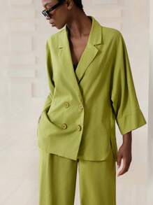 Aveloria Modichic 春夏两件套：宽松双排扣西装外套，松紧腰长裤，宽袖口侧开衩上衣，双口袋喇叭裤 - 綠色 - 查看 1