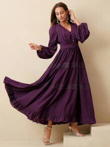 Anewsta Váy bó eo cổ chữ V màu tím nho cao cấp dành cho nữ kèm chân váy xòe bồng bềnh, phong cách nghỉ dưỡng, mùa hè - Màu tím - Xem 4