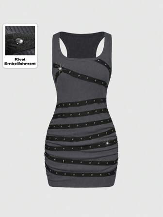 Grunge Punk Ärmelloses Minikleid für Frauen mit Rundausschnitt und tiefem Ausschnitt, schwarz, sexy, mit Nieten, Strass und Schleifendetails, geeignet für Sommer, Strand, Abschluss, Ostern, Konzert, Nashville-Urlaub