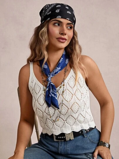 SHEIN VCAY Blusa de punto sólida con diseño calado para mujer talla grande, chaleco de lana de verano de ganchillo, blusas de verano lindas para verano, festivales, bodas, vacaciones, festivales bohemios, conciertos de country