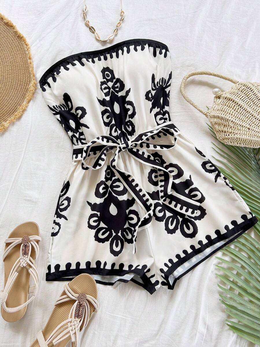 Soleia Blue White Printed Cropped Cami Jumpsuit For Women, Suitable For Vacation - Black and White - View 1