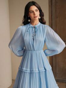 Anewsta 优雅、节日、休闲、度假、节日风格女士长裙，春夏 - 淺藍色 - 查看 3