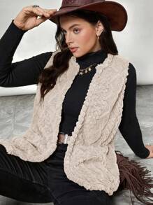 SHEIN LUNE Áo vest nữ cỡ lớn, thường ngày, có họa tiết lông xù, túi đôi, mở phía trước, thích hợp cho mùa thu, quần áo thu cỡ lớn, áo vest nữ, áo vest lông xù, áo vest lông giả, áo len cardigan không tay - Màu Khaki - Xem 1
