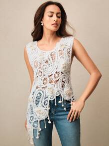 Anewsta Elaire Eleganter Resort-Strand ärmellos Hohlstrick-Tank Top für Damen - Aprikosenfarben - Übersicht 6