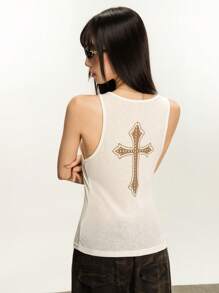 Rina Fox 美国复古女士透明无袖背心，宽松夏季分层背心 - 杏色 - 查看 2