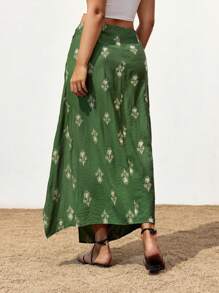 Maija Plus Size Women's Asymmetrical Print Green Twist Design High Waist Skirt, Comfortable Casual Versatile For Spring Summer, Festivals, Beach Women Summer Fall Women Autumn Back To School Homecoming Modest Vintage Women Old Money Teacher Skirt