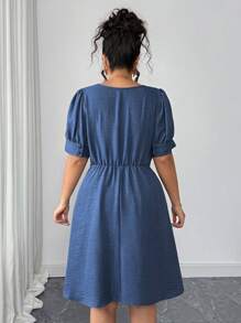 Elenzga Plus Size Crew Neck Denim Effect Short Sleeve A-Line Waist Midi Dress - Blue - View 2