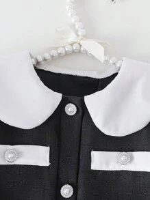 Vestido de Moda com Gola Peter Pan, Manga Bufante e Amarração na Cintura, Azul, para Meninas Pré-Adolescentes, Verão - Preto - Visão 4