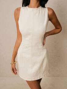 Poéselle Sleeveless Cream Denim Mini Dress – Fitted A-Line Jean Tank Dress For Women,Denim Mini Dress, Sleeveless Jean Dress, A-Line Denim Dress, Cream Denim Dress, Summer Mini Dress, Casual Denim Dress, White Denim Dress, Tank Dress Women, Old Money, Business Casual Woman