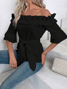 EMERY ROSE Camisa informal para mujer con hombros descubiertos y acabado de volantes en color blanco - Negro - Ver 4