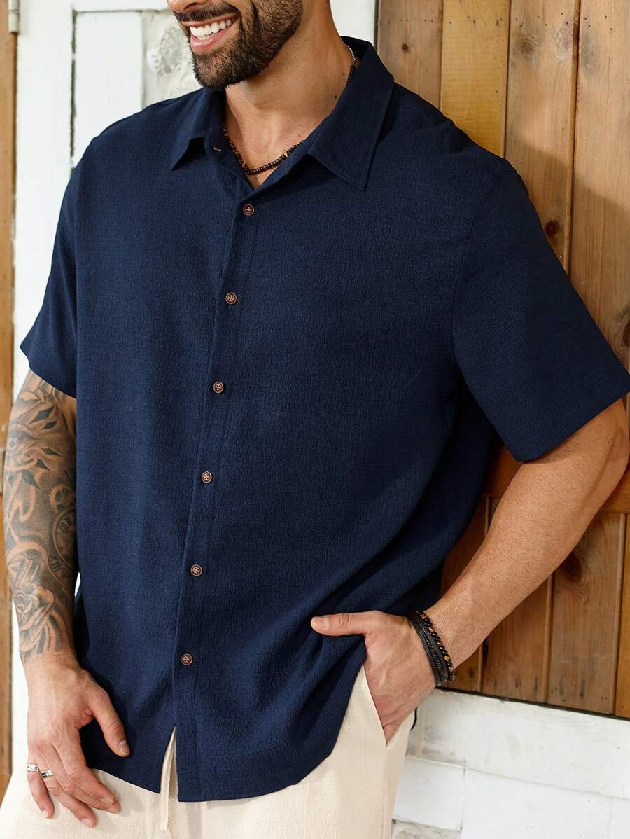 Manfinity Homme 夏季大码男士休闲纯色衬衫和短裤套装 - 彩色 - 查看 1