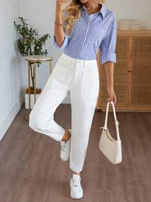 EMERY ROSE 女式口袋喇叭裤休闲七分裤长牛仔裤 - 白色 - 查看 4