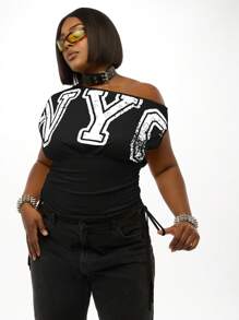 SUMWON WOMEN 纽约大码露肩休闲上衣女款都市街头风格侧褶朋克另类时尚 Y2K 街头服饰秋冬系列 - 黑色 - 查看 5