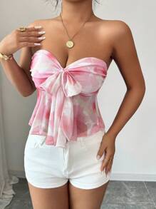 Elenzga Women's Floral Print Ruched Twist Front Cropped Cami Top, Summer Vacation Short Shirt