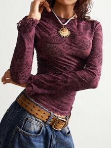 Bohemela Áo thun nữ cổ tròn tay dài in họa tiết Paisley cỡ lớn thời trang ôm sát - Màu tím - Xem 1