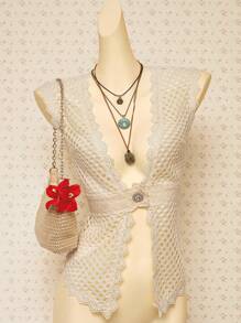 SHEIN ICON Kobiety Western Boho Słodkie Białe Wakacje Kraj Wyjście Seksowna Przezroczysta Jednolity Kolor Kontrast Koronka Bez Rękawów Otwarta Przednia Bluzka - Morela - Zobacz 3