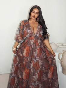 Maweii Summer Plus Size Elegant Fitted Mesh Printed Dress