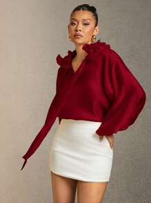 Hauture Women's Solid Color Frill Trim Tie Neck Red Lantern Sleeve Elegant Blouse - Burgundy - View 3