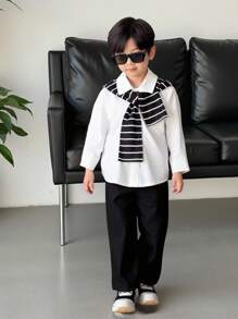 SHEIN 幼儿男童休闲长袖假翻领衬衫，搭配纯黑色裤子，时尚百搭，适合上学、外出、春夏秋季、返校季 - 彩色 - 查看 3