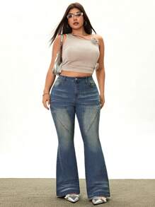 Rina Fox Jeans de mezclilla elásticos de mediablanche de estilo callejero para mujer de talla grande - Azul lavado medio - Ver 4