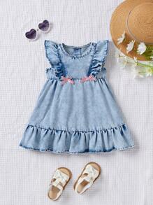 SHEIN Baby Girls' 2025 New Pink Ribbon Bow Accent Blue Denim Cap Sleeve Dress, Spring And Summer Casual Vacation Country Boho Wear - Light Wash - View 1