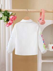 年轻女孩休闲涂鸦印花长袖翻领衬衫，适合春夏休闲时尚 - 彩色 - 查看 2