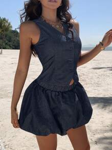 DAZY 2pcs/Set Women Summer V-Neck Sleeveless Top & Floral Mini Skirt Casual Denim Suit - Dark Wash - View 2