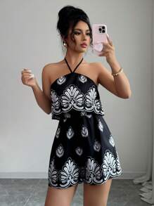 Elenzga Women's Floral Print Ruffle Trim Halter Neck Casual Romper - Black - View 3