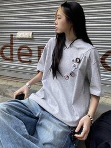DAZY Kaos Wanita Polos Minimalis Kasual Kerah Bulat Longgar, Kaos Bergambar - Grey - View 5