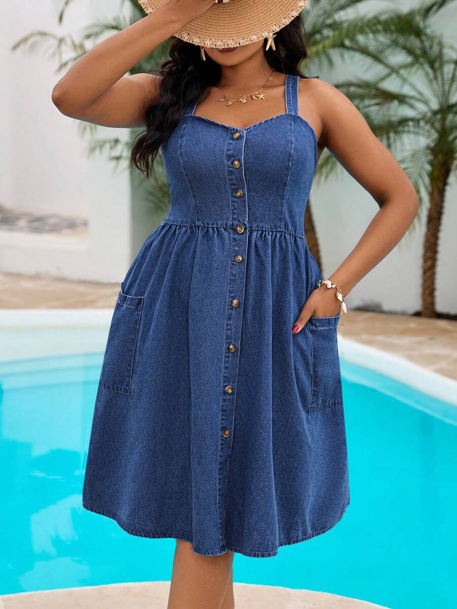 SHEIN Lady Plus Size Women Casual Denim Strap Dress, Blue