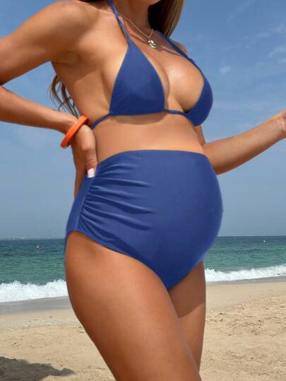 SHEIN Maternity High-Waisted Bikini Bottom With Full Coverage, Strong Support & Side Shirring, Large Capacity For Summer Beach Vacation