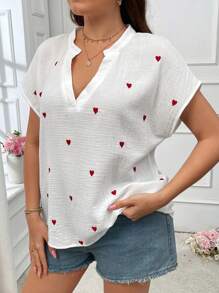 Breezaya Plus Size Boho V-Neck Heart Embroidered Shirt, For Summer Work And Daily Wear