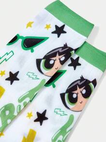 THE POWERPUFF GIRLS X SHEIN 1 Pair Women Cartoon & Lightning Star Pattern Mid-Calf Socks - Green - View 3