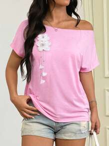 INAWLY Women's Minimalist Convertible Shoulder Crew Neck Short Sleeve T-Shirt With Hand-Made 3D Pearl Flower Tassel Pendant - Multicolor - View 3