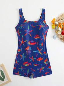 Swim SPRTY Set da spiaggia e surf estivo da donna, pantaloncini larghi, scollo a V profondo, schiena incrociata, stampa colorata a stelle oceaniche su blu navy, outfit sportivo da surf