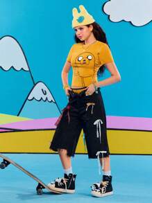Adventure Time X ROMWE Camiseta ajustada con estampado gráfico lindo y divertido para mujeres, estilo Y2K - Amarillo - Ver 5