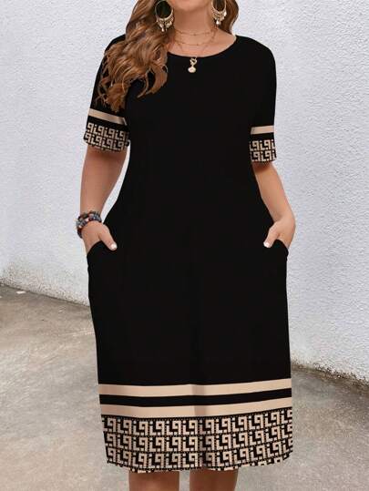 EMERY ROSE Vestido corto de verano con estampado geométrico, adecuado para tallas grandes