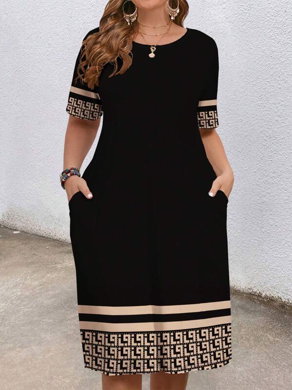 EMERY ROSE Plus Size Geometric Print Sundress, Suitable For Summer