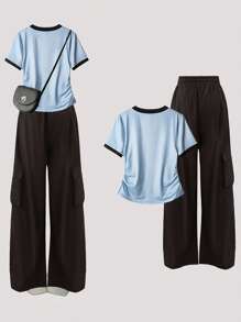 SHEIN MOOSTA Plus Size Fashion Casual Colorblock V-Neck Short Sleeve T-Shirt + Cargo Pants 2-Piece Set, Summer - Multicolor - View 2