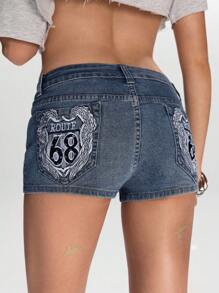 ROMWE Grunge Punk 加州女孩性感水钻翼形刺绣超低腰牛仔迷你短裤 - 藍色 - 查看 2