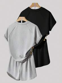 INAWLY Set de 2 blusas casuales sueltas de manga raglán de manga corta para mujeres - Multicolor - Ver 2