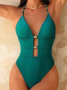 Swim Chiccia Women's Sexy Solid Deep V-Neck Backless High Cut One-Piece Swimsuit, For Summer Vacation