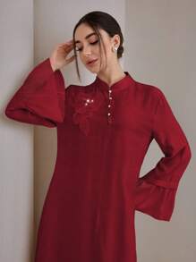 Graceveil 2pcs/Set Women Elegant Stand Collar Ruffle Cuff Long Sleeve Set Modest Fall Cloth For Women - Burgundy - View 8